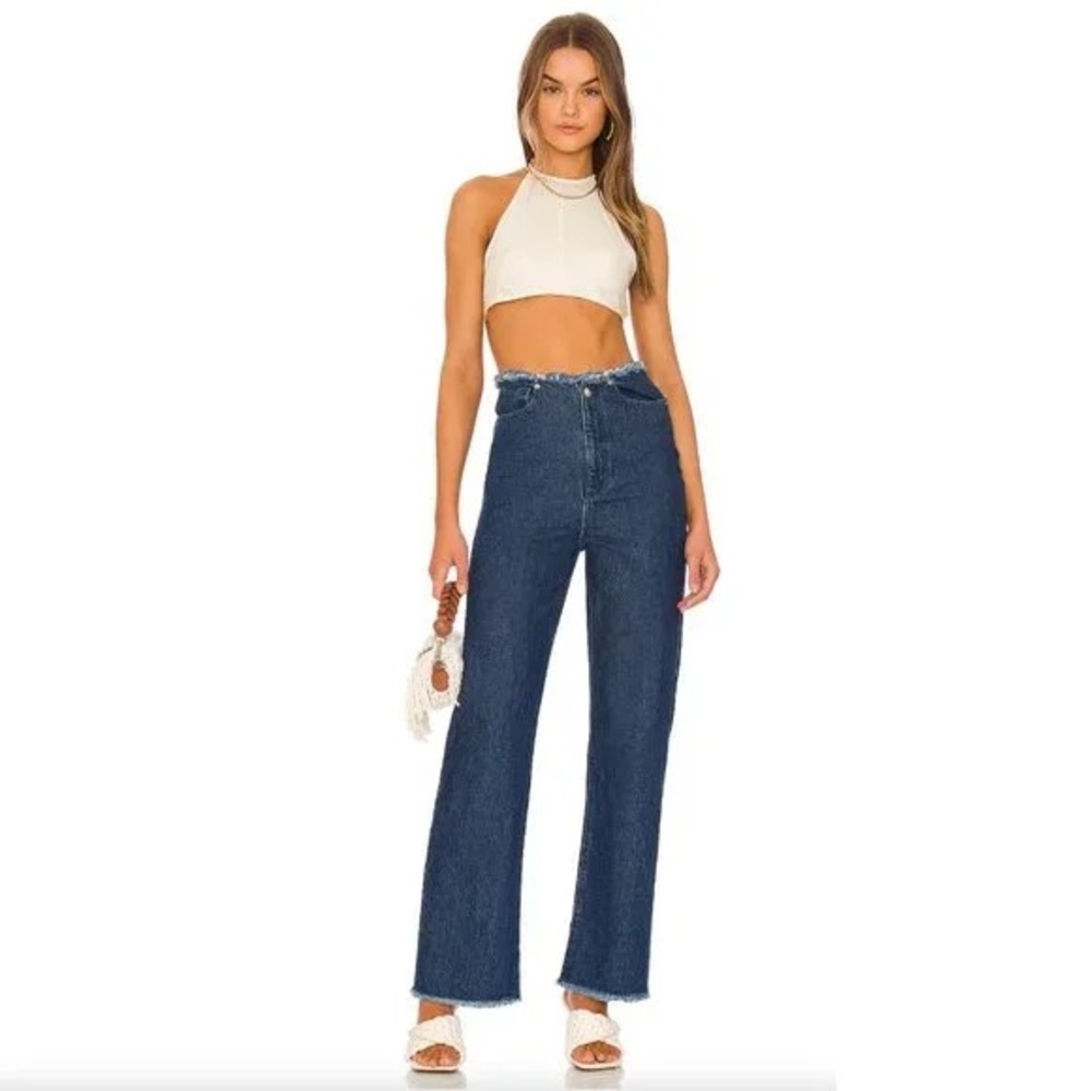 WEWOREWHAT Frayed High-Rise Straight-Leg Jeans in True Blue